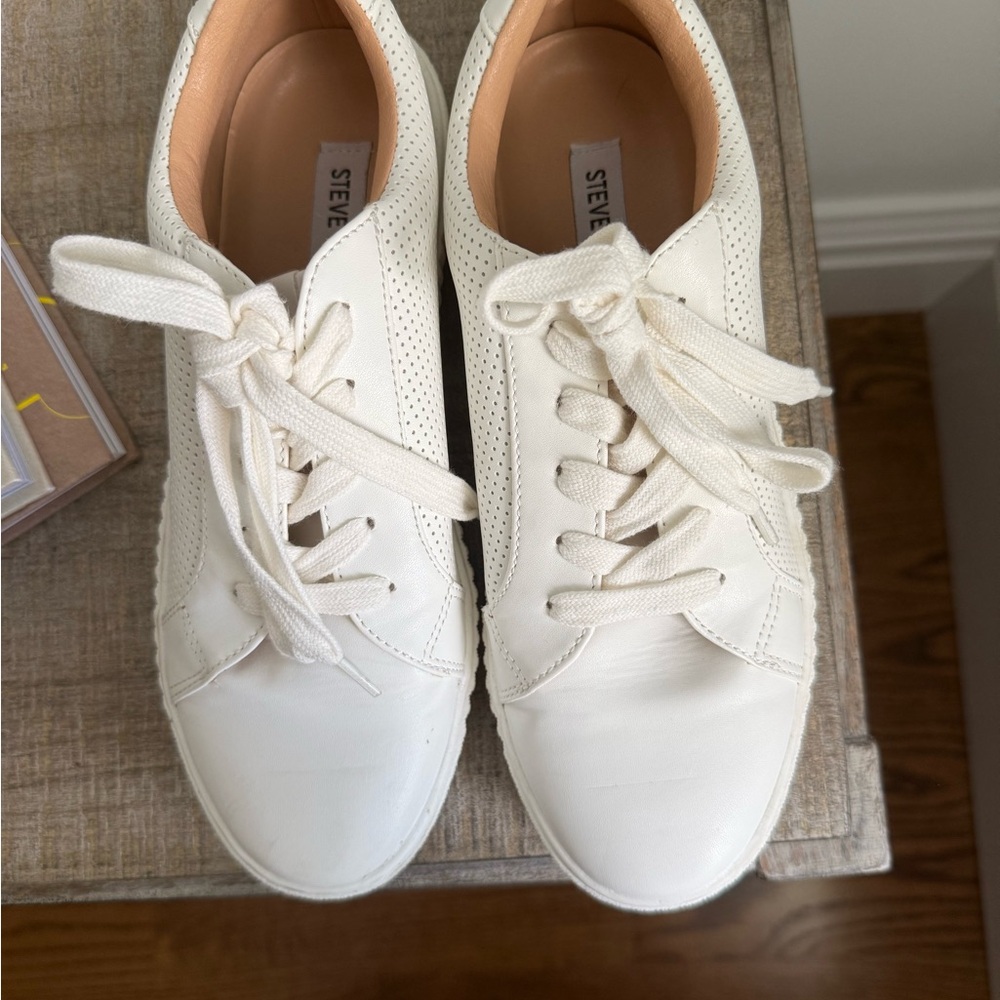 Steve Madden Cream-White Perforated Leather Sneakers